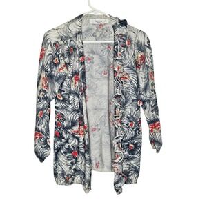 Sparrow Floral Ruffle Open Front Cardigan Pima Cotton Black Red Cottage Career L